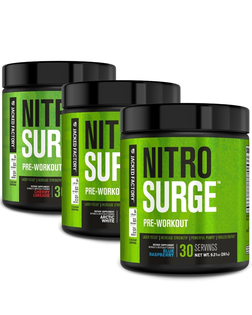 Jacked Factory NITROSURGE PreWorkout Supplement - Endless Energy, Instant Siła Zyski, Clear Focus, Intensywne pompy 124; Cherry Limeade, Blue Malina, Arctic White (90 Służenia)