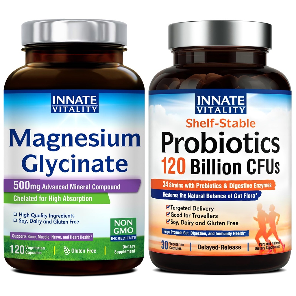 Wrodzona witalność Magnezu Glycinate & Probiotics 120 Billion Bundle, Non-GMO, No gluten Dairy Soy & Vegan, Magnez (120 Caps) & Probiotic (30 Caps)