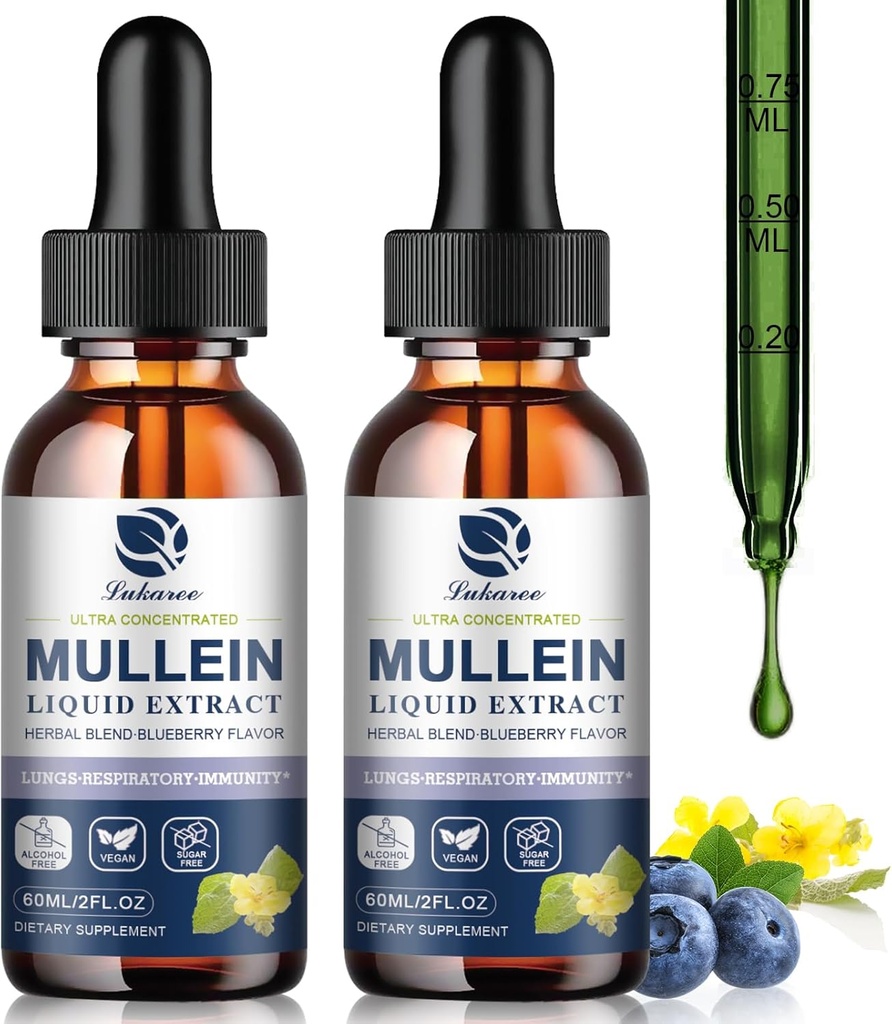 Mullein Drops for Lungs, Lung Detox & Cleanse, Vegan Mullein Leaf Extract Tincture z chlorophyll Elderberry, itp, Natural Herbal Supplement for oddechowy, Immune, 60 Służenie