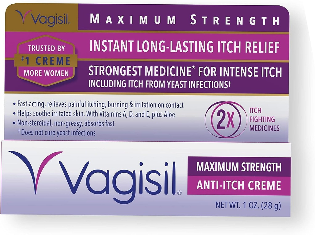 Vagisil Maksymalna siła Żeński krem przeciwgrzybiczy z Benzokainą dla kobiet, Pomaga Relieve Yeast Infection Irritation, Gynecolog Tested, Szybkie aktorstwo, Pociera i chłodzi Skóra, 1 oz
