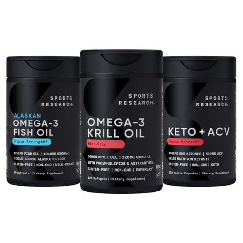 Sport Badania Potrójne Siła Omega-3 Olej rybny, Olej kryla antarktycznego + Fosfolipidy, Cholina & Astaksantyna Mini- Softgels, Keto Plus ACV 500mg Jabłka Cydr Ocet & 1500mg goBHB Ketony egzogenne