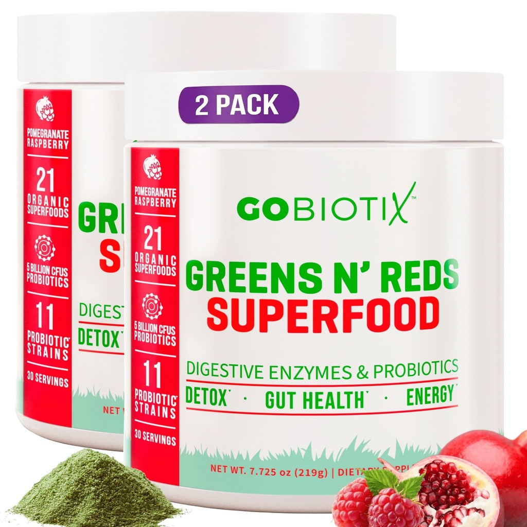 GOBIOTIX Super Zielone i czerwone proszku - Czerwona i zielona Superfood - Suplement Probiotyczny - Enzymy trawienne i Buraka w proszku - Organic Whole Foods Dietetyczny suplement (Pom Malina, 2 Pack)