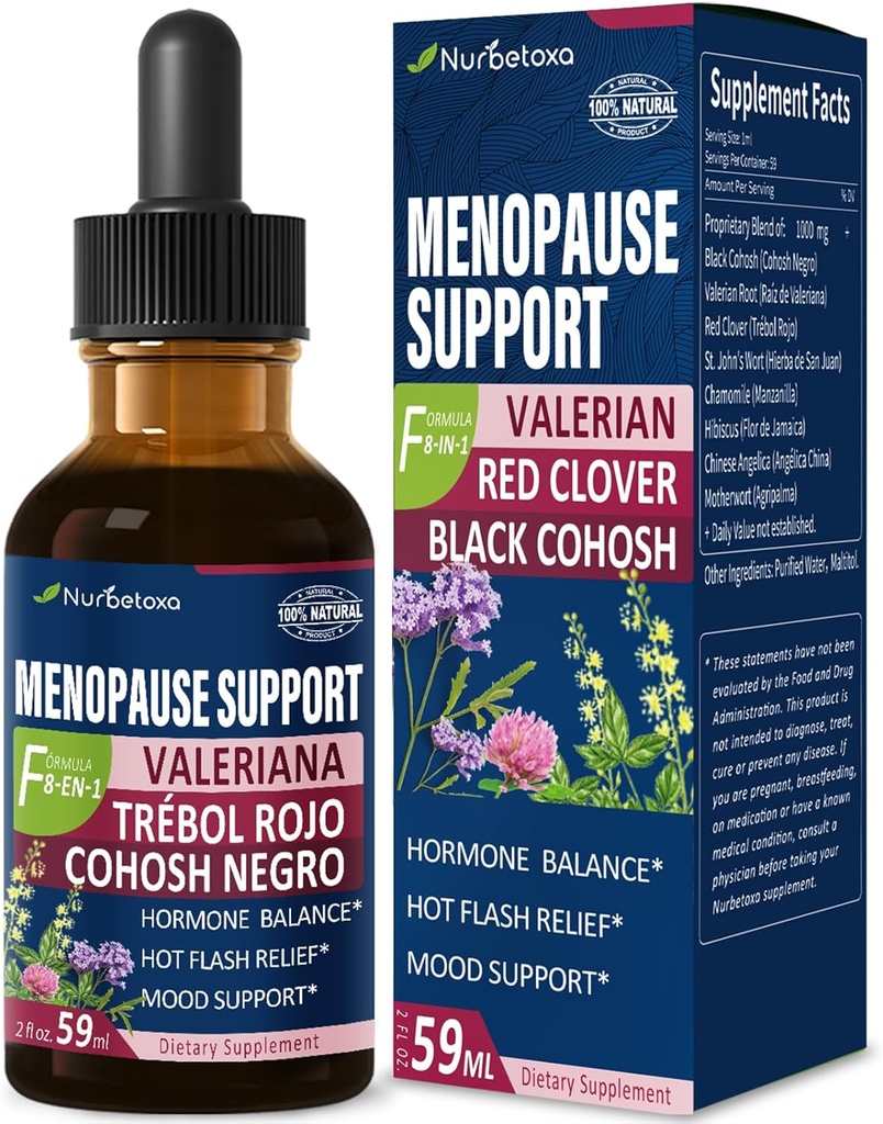 Black Cohosh Menopauza Support Drops, Phytoestrogen Supplements W / Red Clover, Motherwort & St. John 's Hort Extract for Hot Flash, nocne poty i komfort. Cimicifuga para Menopausia. 2oz