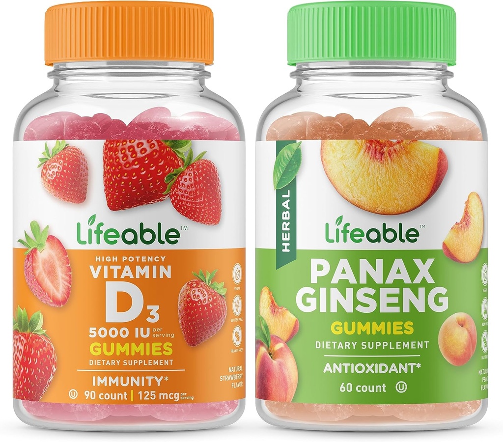 Żywa witamina D 5000 IU + Panax Ginseng, Gummies Bundle - Great Desting, Suplement witaminy, Gluten wolny, GMO wolny, Gummy do żucia