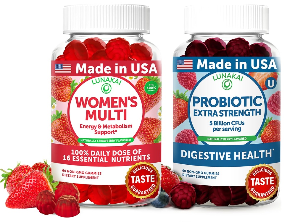 Lunakai USA Made Womens Multivitamin & Probiotic Gummies Bundle - 16 Multi Vitamin & Probiotic for Trawienie Wsparcie - 60ct Każdy
