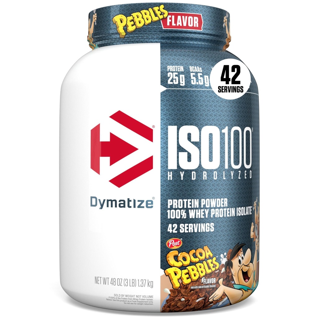 Dymatize x Cocoa Pebbles ISO100 Whey Protein Powder Isolate, 25g of Protein, 5.5g BCAAs, 120 Cal., Gluten Free, 1g Fat, 1g Sugar, 2g Carb (42 Servings)