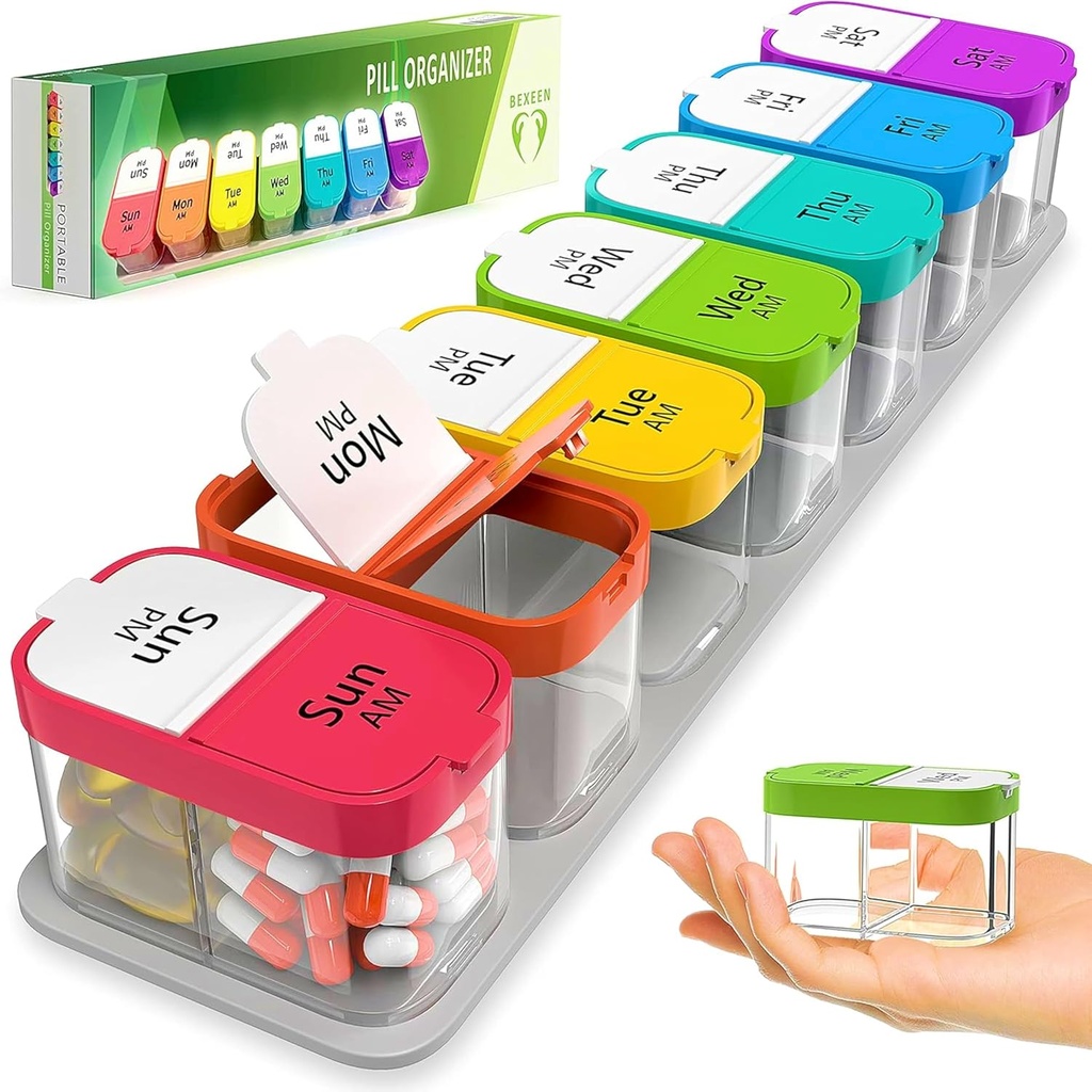 Extra Dużego Tygodnia Pill Organizer - XL Witamina Holder z 7 Odłączalne Komory AM PM - Przenośny Dispenser Medyczny do domu i podróży, Big Supplement Container for Weekly or Daily Use, Rainbow