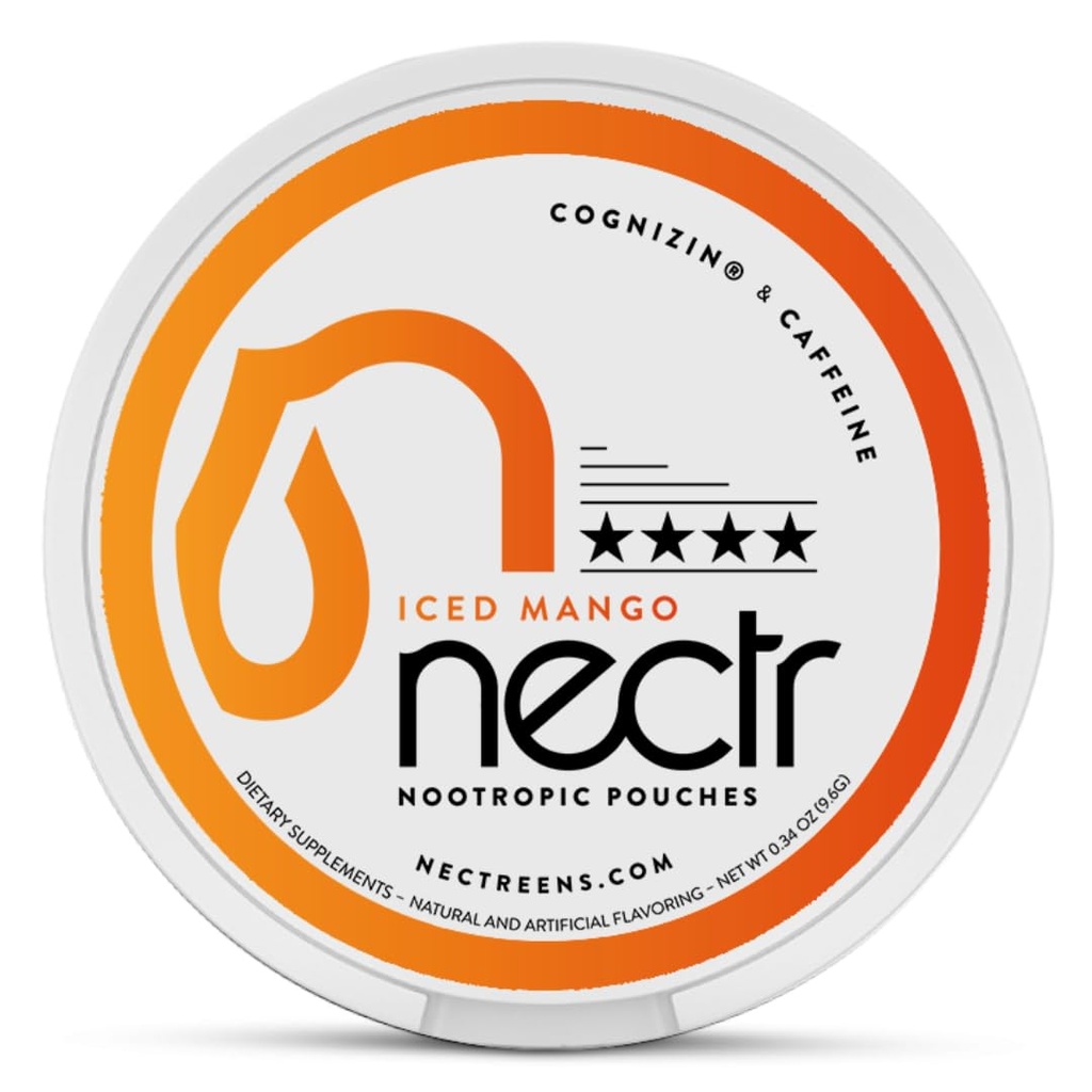 Nectr Energy Nootropic Pouches - Iced Mango Flavored, Caeple Pouches with Cognizin ® Citicoline. Leczenie bez cukru. Gładki, Trwały suplement ogniskowy i energetyczny - 1 Puck z 16szt.