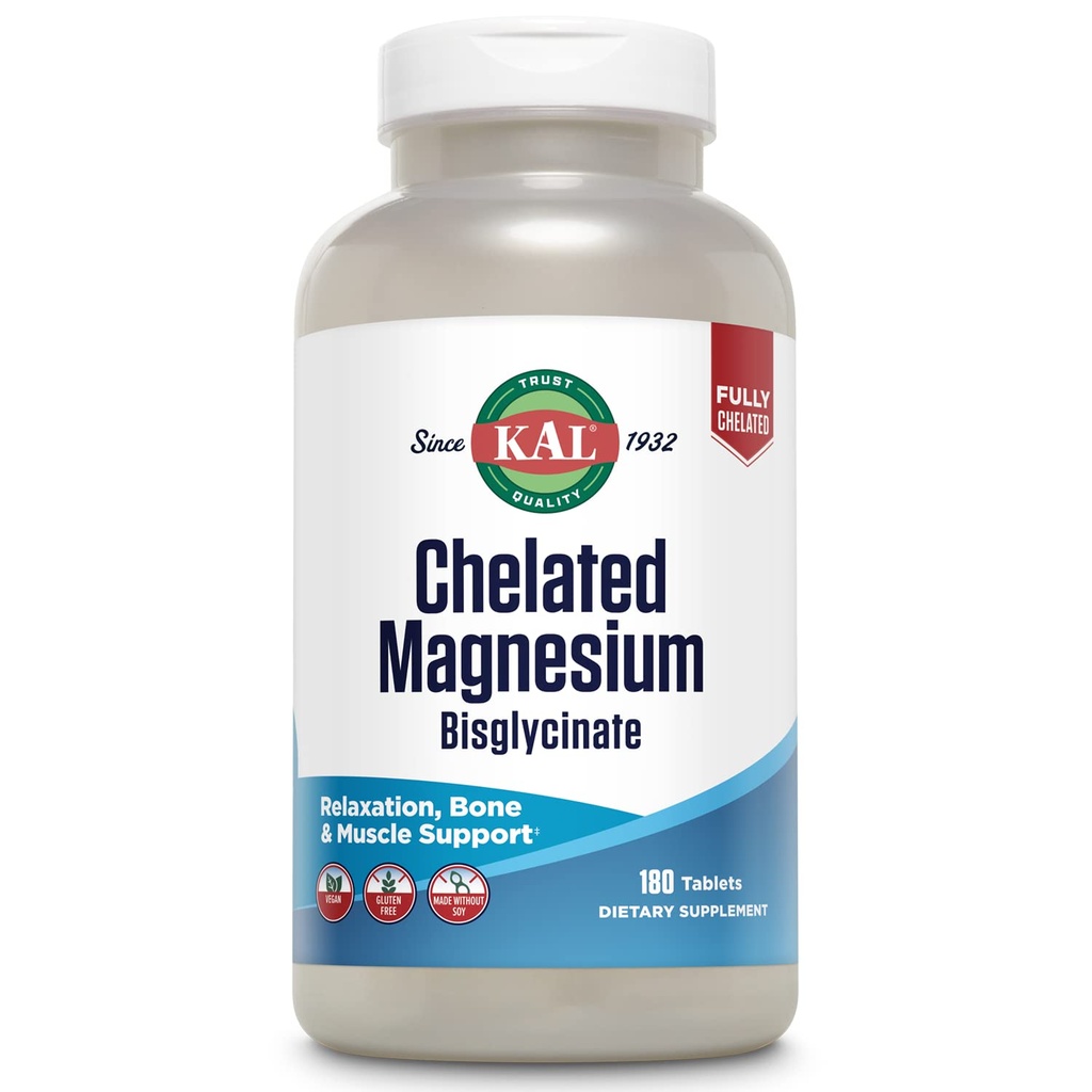 KAL Chelated Magnezu Bisglicinate, Magnezu Suplement do Relaks, Bone Health, Nerve & Muscle Function Support *, Wysoka Absorpcja, Delikatna trawienie, Wegan, Gluten Free, 60 Servings, 180 Tablets