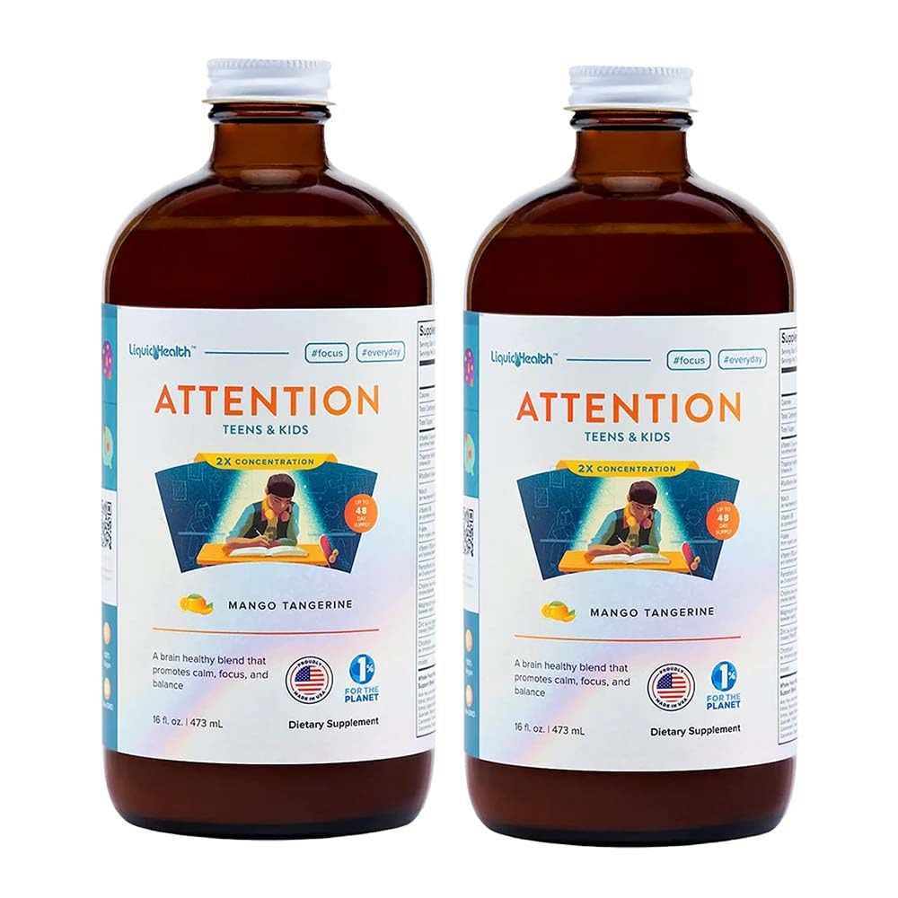 LIQUIDHEALTH Uwaga, Liquid Multivitamin dla dzieci i młodzieży - Poprawia zatrzymywanie pamięci, Koncentracja, Focus, Nastroj, Relaks & Calming - Made in USA, Wielki smak, Wegan, Cukier (2 Pack)