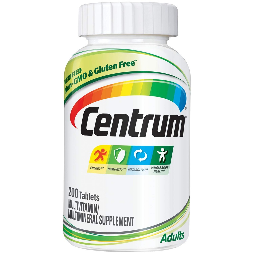 Centrum Adult Multivitamin / Multimineral Supplement with Antioksydants, Cynk, Witamina D3 i B Witaminy, Gluten Free, Non-GMO Składniki - 200 Liczba