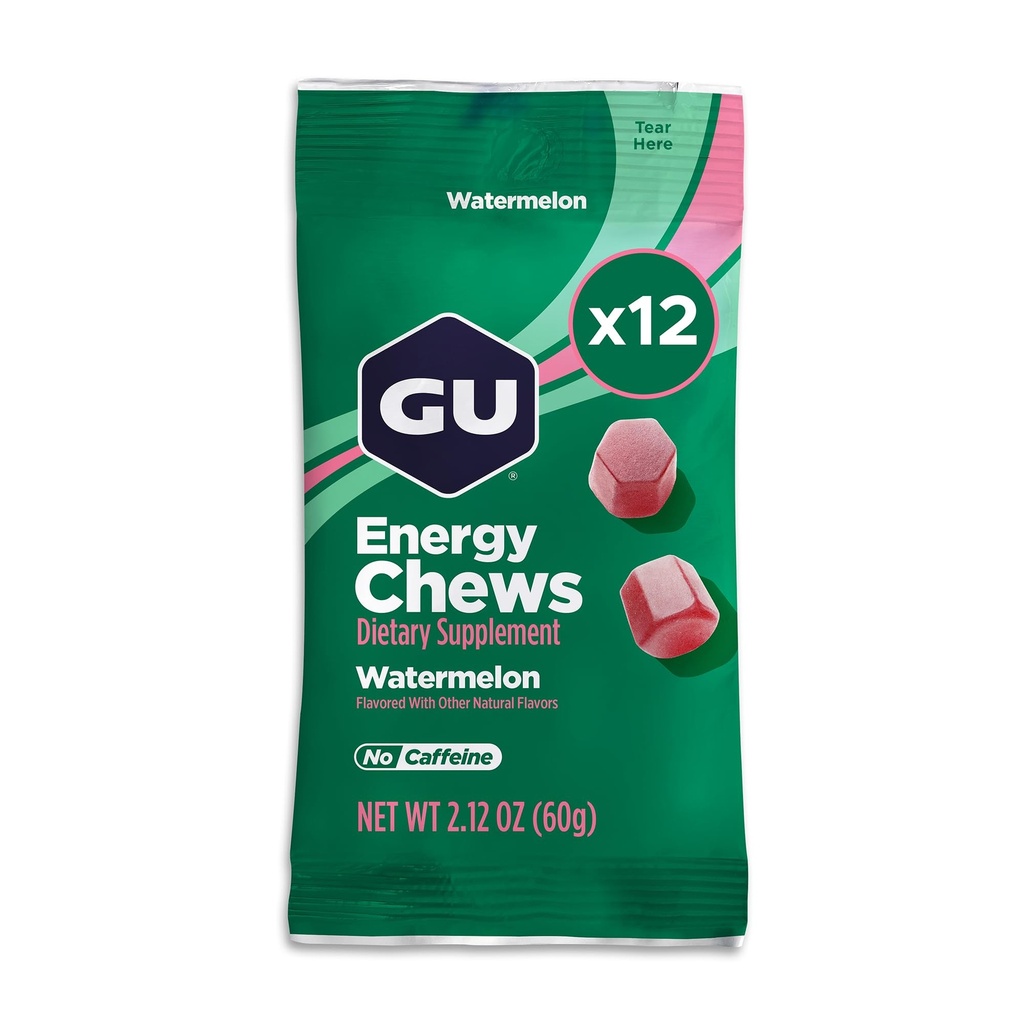 GU Energy Chews, Arbuz Energy Gummies z Electrolytes, Wegan, Gluten- Free, Kosher, Caffeine- Free, i Dairy- Free On- The- Energia dla każdego treningu, 12 Torby (24 Sługi ogółem)