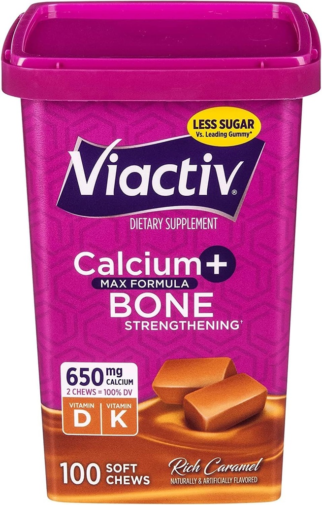 Viactiv Max Formuła Wapń + witamina D3 Suplement dla zdrowia kości, bogaty karmel, 100 miękkich żuć - 6 opakowań