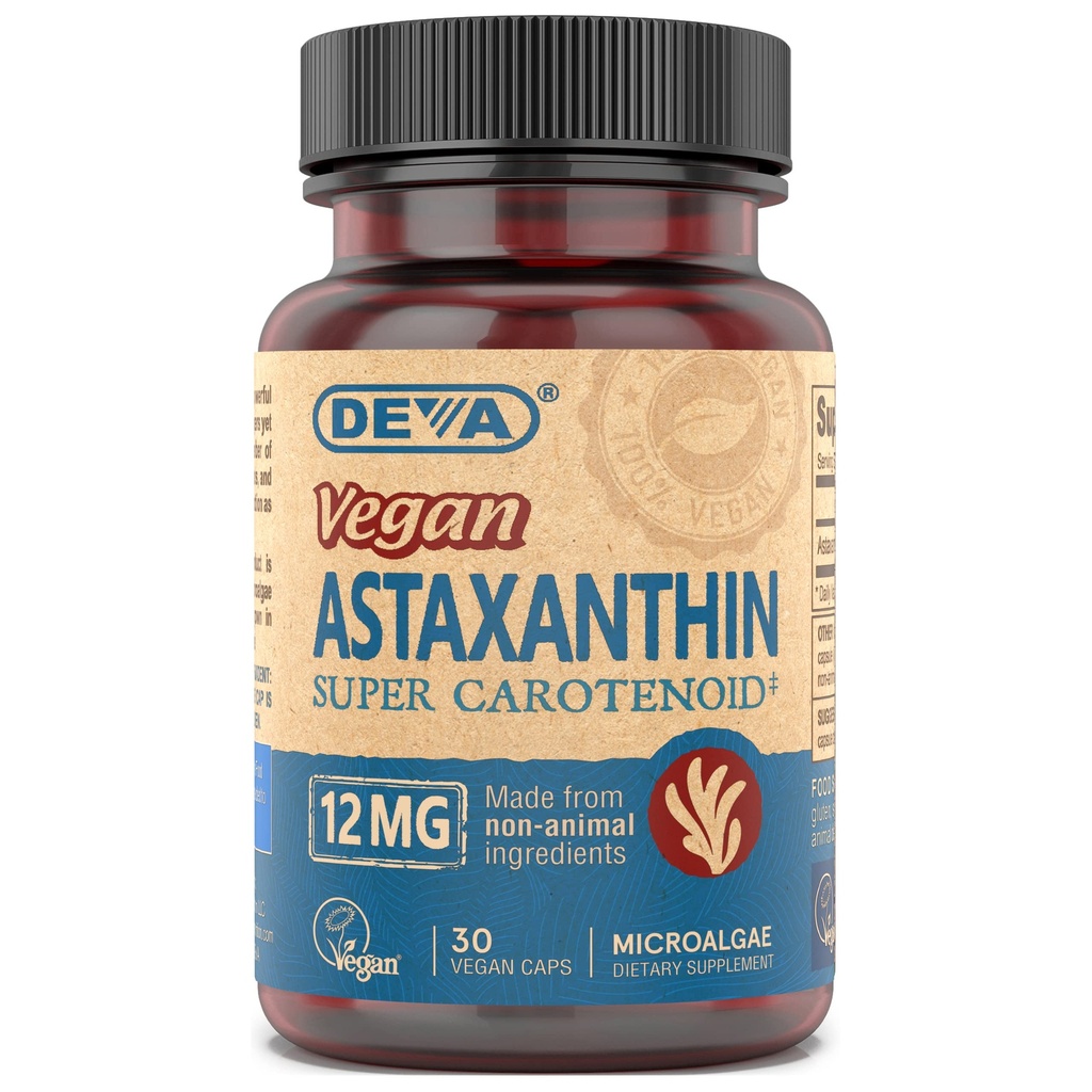 DEVA Żywienie Witaminy Astaksantyna 12 mg, Wegan, Wykonane z Haemococcus Pluvialis Mikroalgi, 30 Kapsułki, 1 - Pack