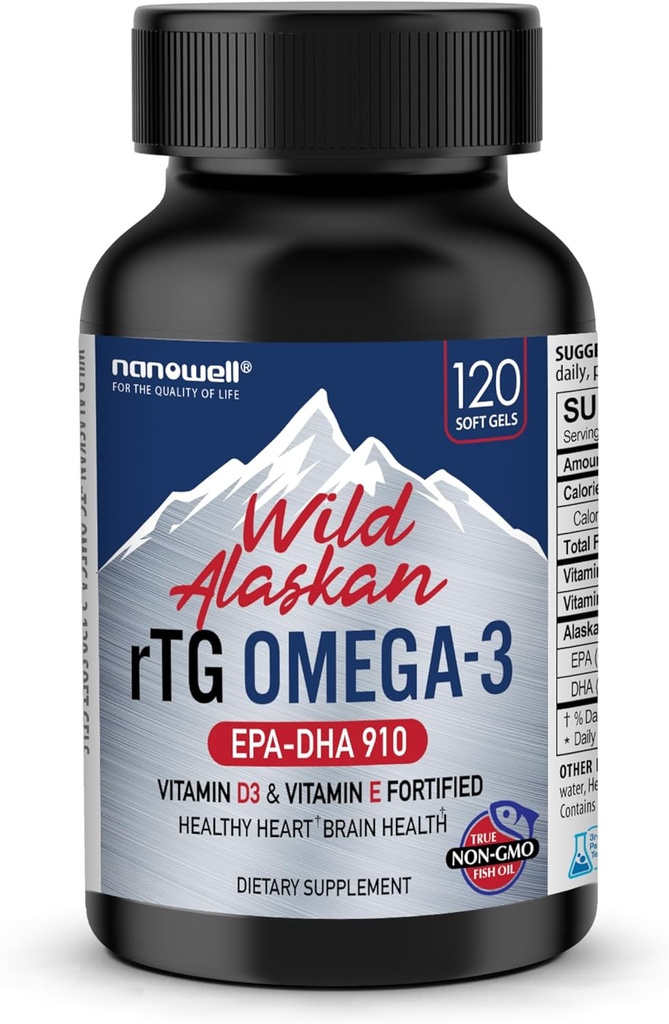 NANOWELL Wild Alaskan rTG Omega-3 Olej rybny 1196mg - EPA, DHA, Witamina D3 & E - 120 Softgels, 60 Day Supply