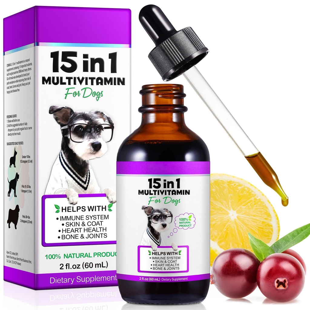 Dog Multivitamin, 15 w 1 Pies Multivitamin płynnych suplementów kropli, Witaminy psów dla zdrowia serca, kości, stawów, skóry i płaszcz, pęcherza, Wsparcie systemu immunologicznego 60ml