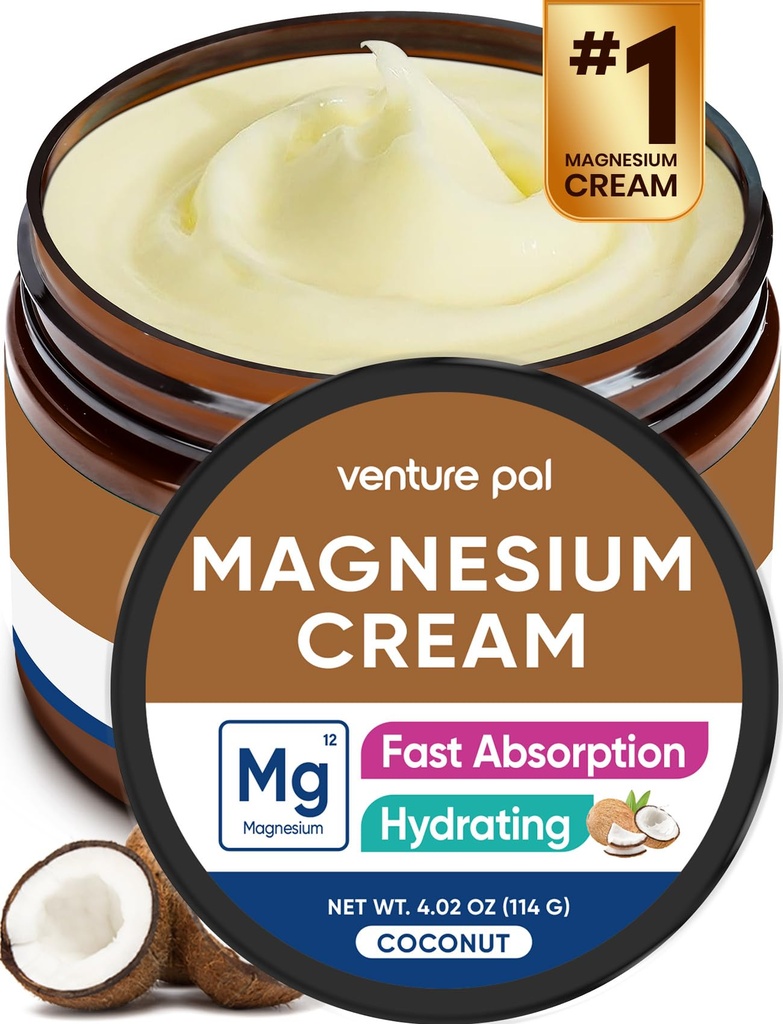 Venture Pal Magnezu Lotion, Topical krem magnezu do snu, Kurcze nóg i ból, Relaks mięśni, Spokój, Suplement nawilżający z oleju kokosowego, Masło Shea & Kwas hialuronowy, Sejf dla dzieci
