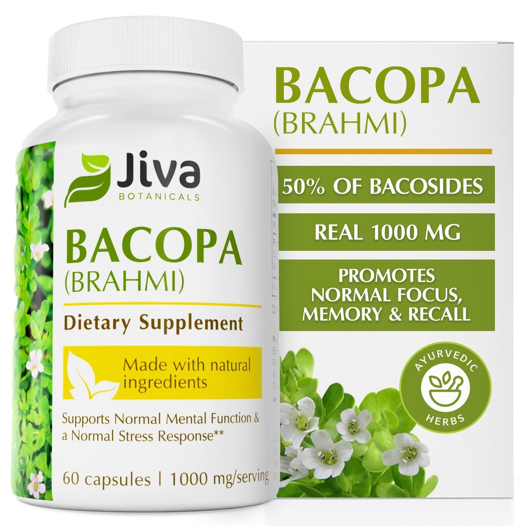 Jiva Botanicals Bacopa Monnieri Supplement Pure 1000mg per Serving - High Potency Bacopa Monnieri (Brahmi) & Extract for Normal Brain, Focus, & Memory Support - Ayurvedic Herbs - 60 kapsułki
