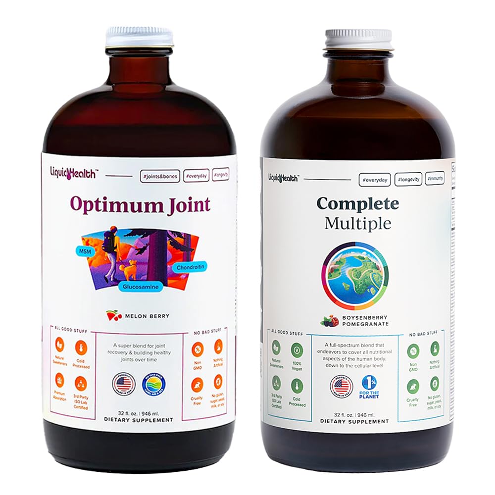 LIQUIDHEALTH Optimum Joint Glucozamine Chondroitin Supplement & Complete Multiple Daily Multivitamin Bundle for Men & Women - Wsparcie immunologiczne, Bone Joint Health, Whole Foods - USA Made, Vegan, Non-GMO