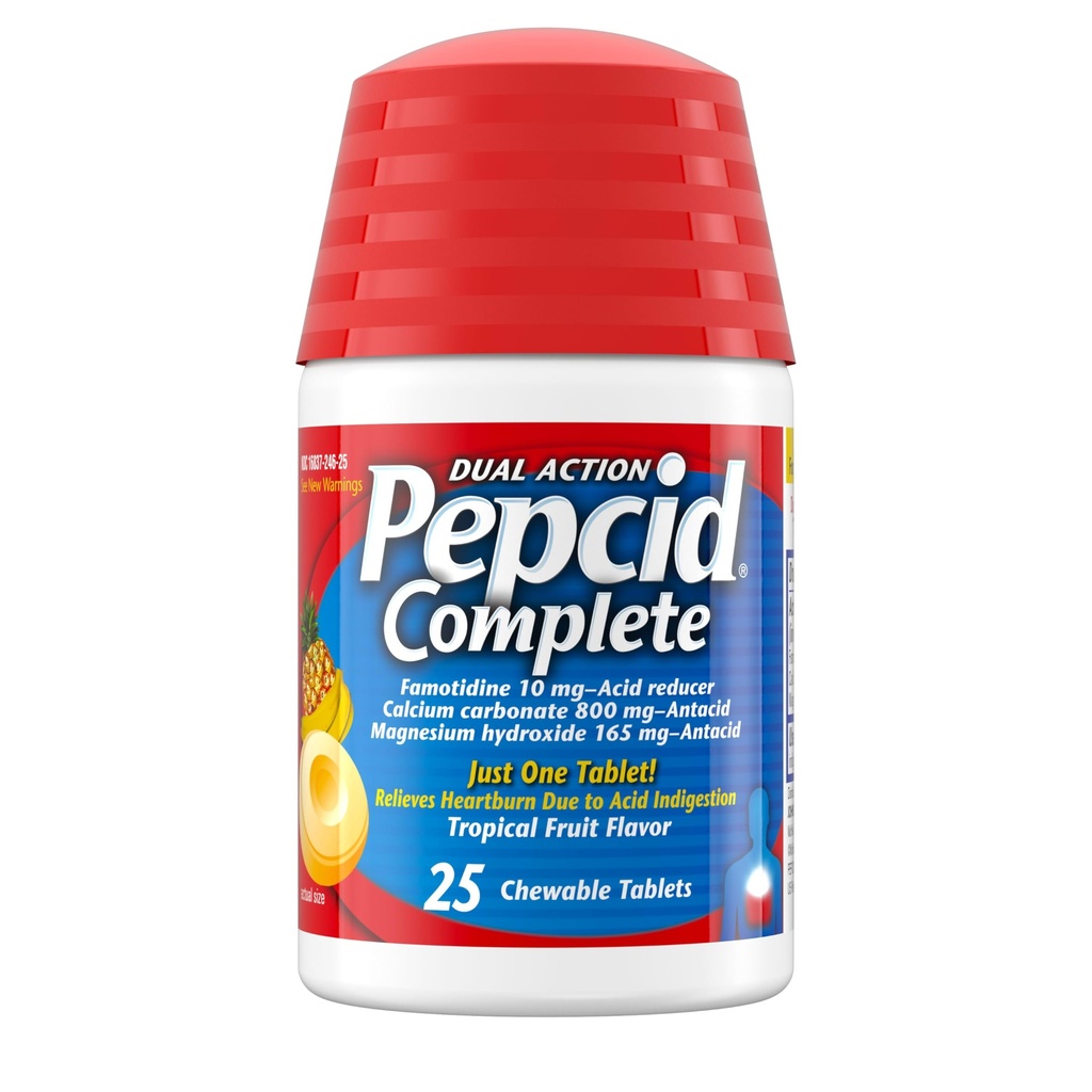 Pepcid Complete Acid Reducer + Antacid for Acid Refluke, 10 mg Famotydyna, 800mg Karbonian wapnia i 165mg Hydroksyd magnezu na tabletkę Heartburn, Przeżuwki przeciwkwasowe, Owoce tropikalne, 25 µg