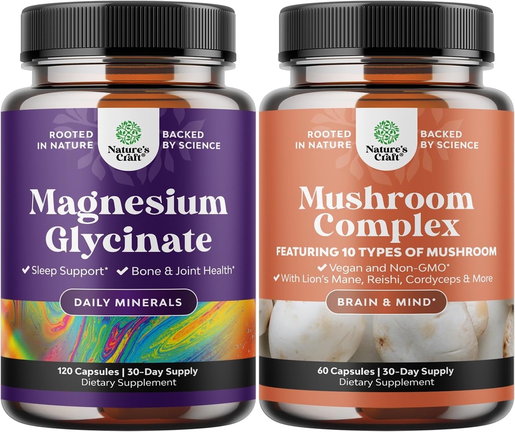 Paleta Magnezu Glicynian Kapsułki Mineral and Nootropic Brain Focus Mushroom - Wsparcie immunologiczne dla zdrowia kości Mood Support - 10X Mieszanka grzybów dla równowagi cukrowej i psychicznego Focus