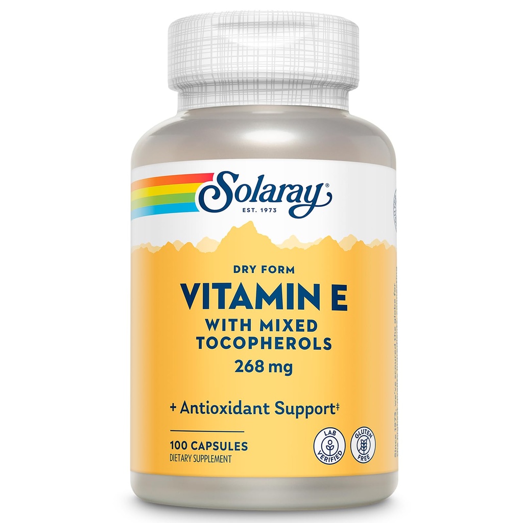 SOLARAY Witamina E 400 IU (268mg), Sucha postać - Naturalne źródło, Mieszane Tokoferole Witamina E - Suplement przeciwutleniający, PMS i wsparcie menopauzy - 60- dniowa gwarancja, Laboratorium zweryfikowane - 100 Serv, 100 Kapsułki