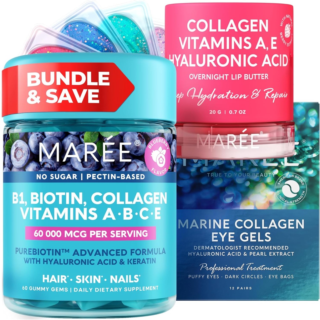 MAREE Bundle - Witamina B1 Gumiaki tiazydowe, Maska lipowa, Pod żelkami do oczu - A, E, D, C Witaminy - Kolagen & Kwas hialuronowy - Kompleks do skóry, paznokci, włosów - Maska do suchych warg - Żele do puszystych oczu