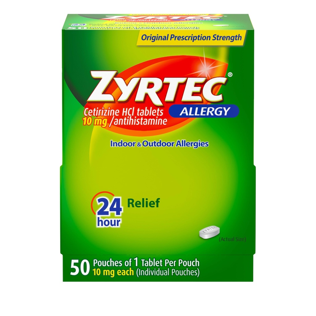 Zyrtec 24-godzinna ulga alergiczna tabletki, indywidualne zapakowane wewnątrz i na zewnątrz leki alergiczne z 10 mg HCl cetyryzyny na tabletkę antyhistaminową, 1 tabletka na opakowanie, 50 ct opakowania z rozpuszczalnikiem