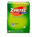 Zyrtec 24-godzinna ulga alergiczna tabletki, indywidualne zapakowane wewnątrz i na zewnątrz leki alergiczne z 10 mg HCl cetyryzyny na tabletkę antyhistaminową, 1 tabletka na opakowanie, 50 ct opakowania z rozpuszczalnikiem