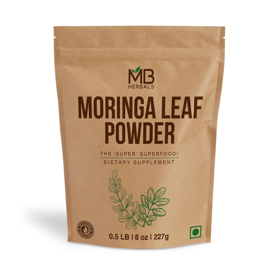 MB Herbals Moringa Leaf Powder 8 oz (227g / 0,5 LB) XI124; 100% Pure Moringa Powder XI124; Easy Mixes in Drinks & Smoothies XI124; Brak środków konserwujących