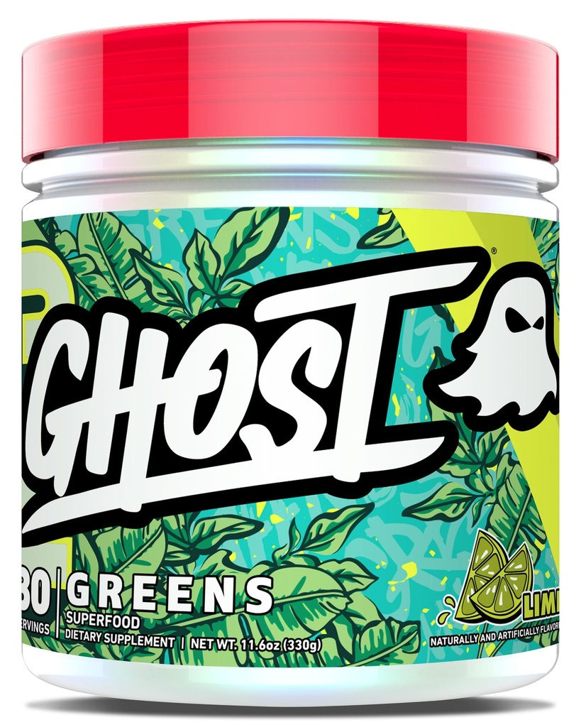 GHOST Zielony Proszek, Lim - 30 Służenia - 19 Zielone i czerwone owoce, Warzywa, Spirulina, & Chlorella, Prebiotyki, 10 Miliard CFU Probiotyczne i Enzymy Digestive - Bez glutenu