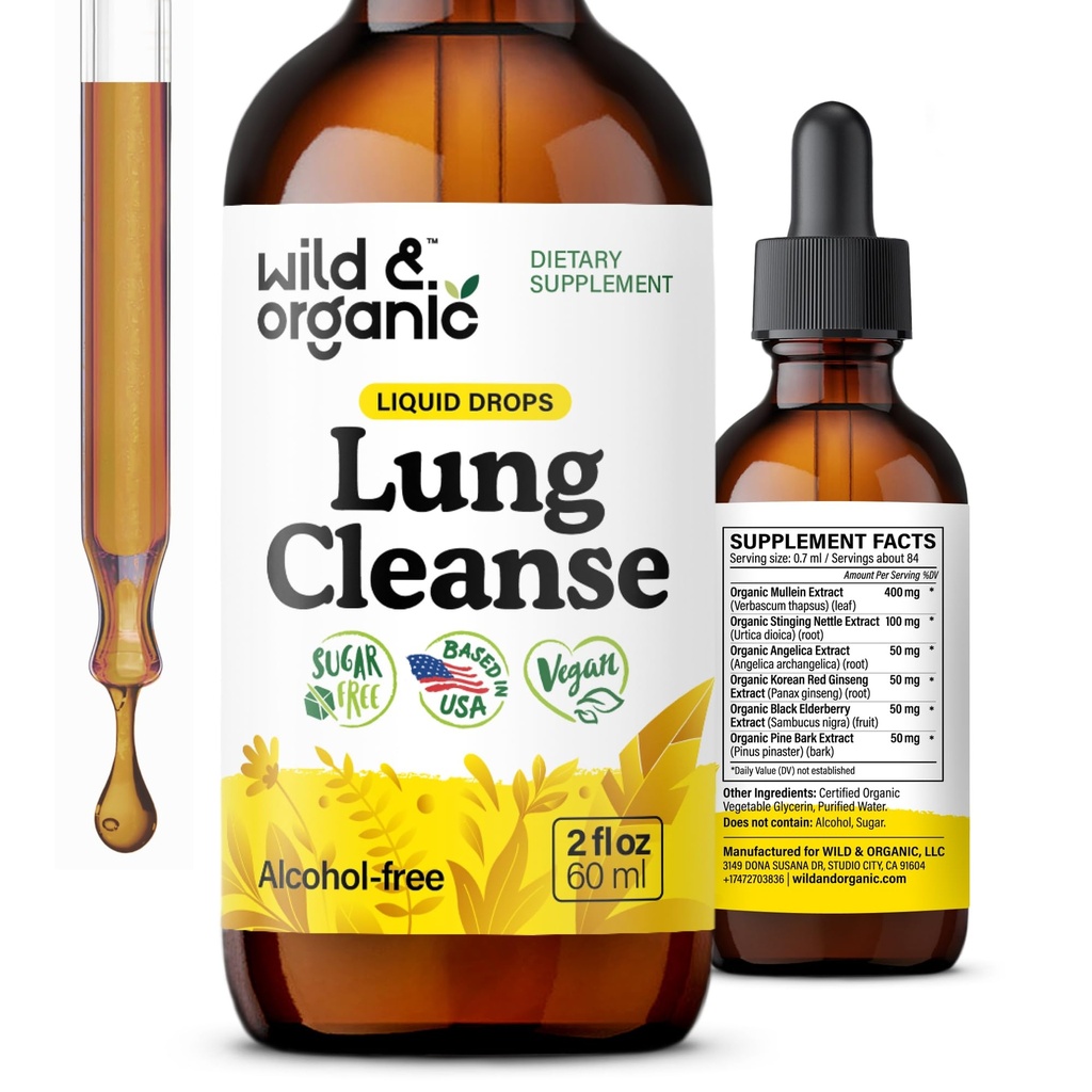 Wild & Organic Lung Cleanse Tincture - Ekstrakt Mullein Leaf dla płuc - Herbal Detox Supplements - Vegan, Sugar & Alcohole-Free Mullein Drops - 2 fl oz