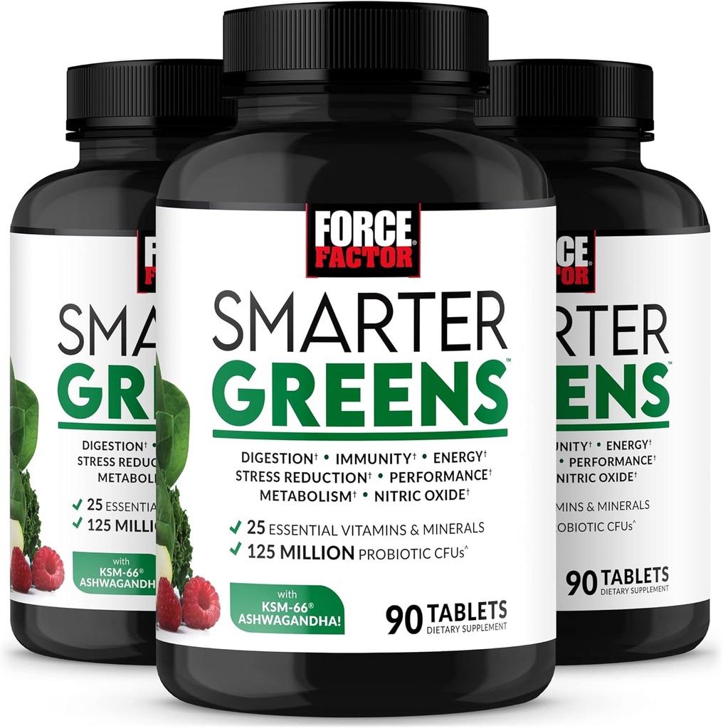 FORCE FACTOR Smarter Greens Tablets, 3- Pack, Suplement Zielonych z 25 + Superfoods i przeciwutleniacze do poprawy trawienia, Redukcja stresu, Wzmocnienie odporności i Metabolizm wsparcia, 270 Tabletki