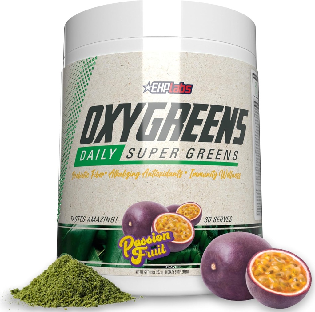 EHP Labs OxyGreens Super Zielonych Proszek - Spirulina & Chlorella Superfood, Zielony Sok Proszek & Zielony Suplementy z włókna prebiotycznego, Przeciwutleniacze i Immunitet Wsparcie, 30 Serves (Passionfruit)