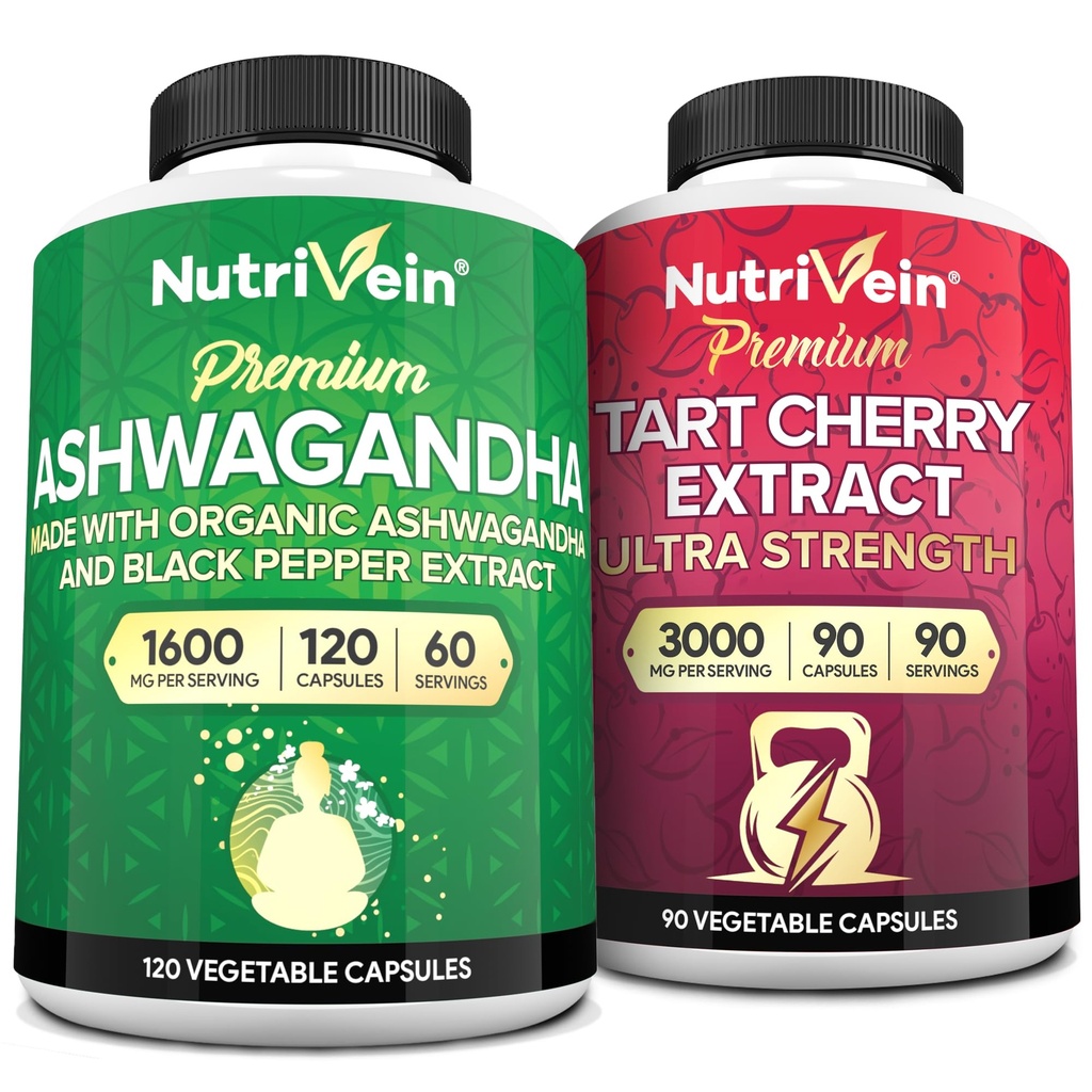 Żywotna żyłka Premium Ashwagandha Kapsułki & Tart Cherry Kapsułki Bundle: Wysoka Absorpcja Tart Cherry Extract i Ashwagandha Suplementy do Odzyskiwania, Równowaga i Witalność