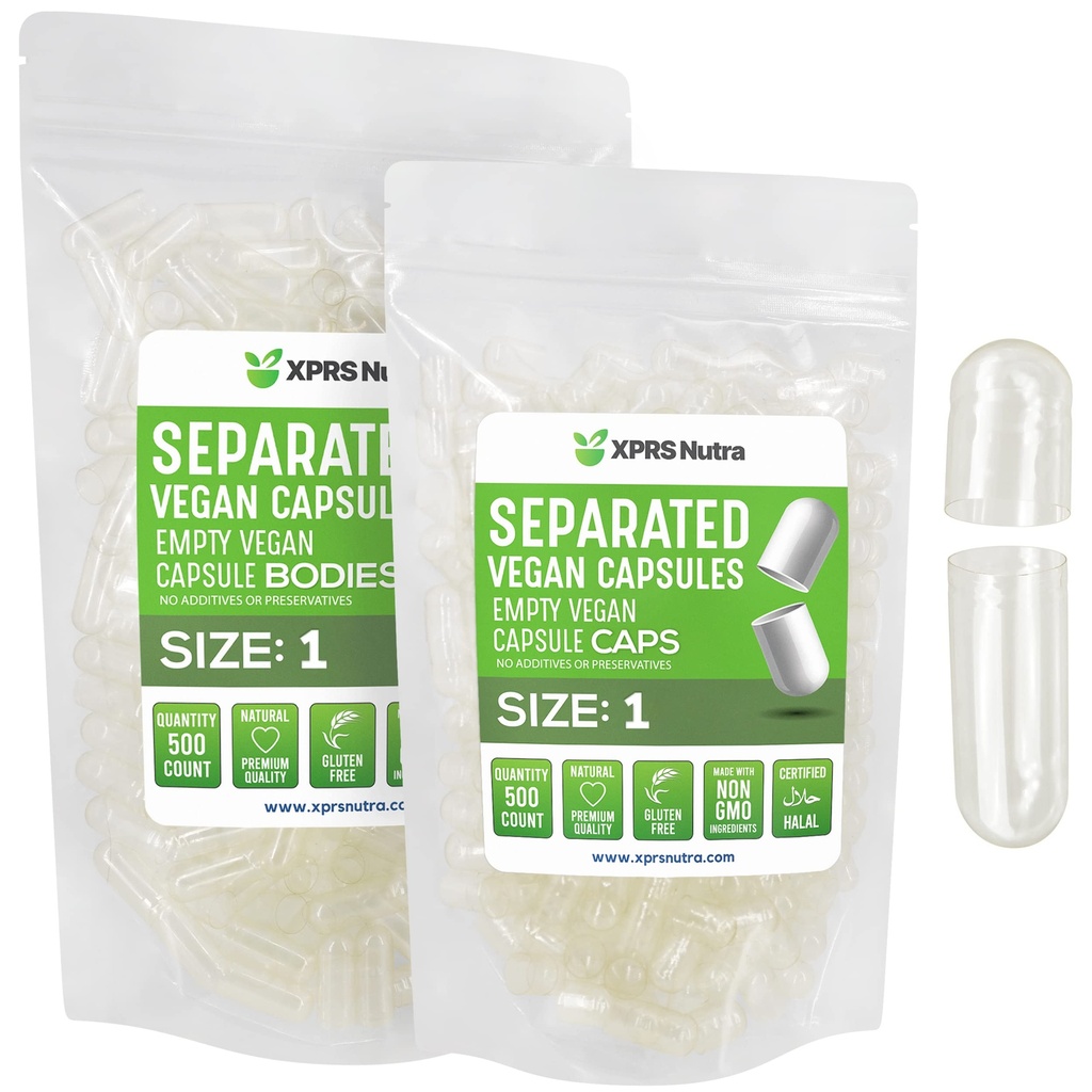 XPRS Nutra Vegan Rozmiar 1 Kapsułki oddzielone - 500 Hrabia Premium Kapsułki puste Separowane w workach - Wyczyść pigułki 1 Puste do napełniania suplementu DIY