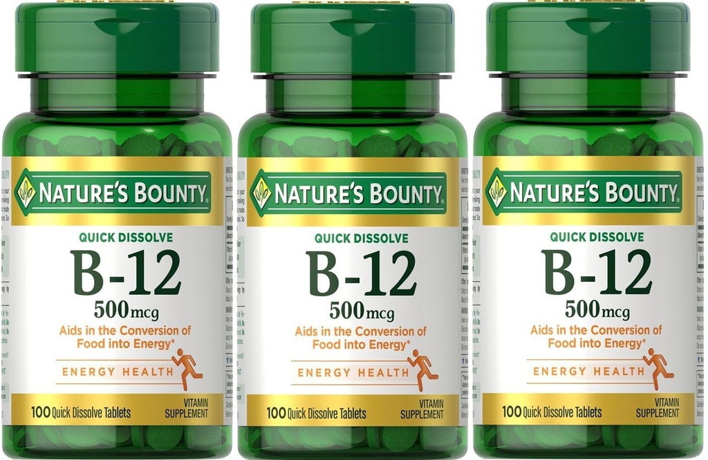 Nature 's Bounty B- 12 Quick Disolve Tablets 500 Mcg, 300 Tablets (3 X 100 Licz butelki)