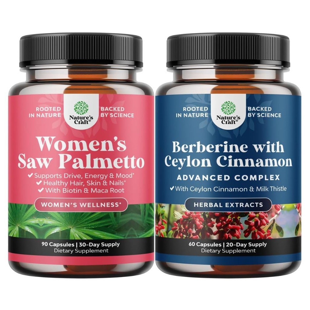 Paleta o dużej mocy Piła Palmetto dla kobiet i wyważenie Berberine Plus 1200mg Complex - DHT Blocker Grubsze Witaminy do włosów Utrata - Przeciwutleniacz Berberine z Ceylon Kapsułki cynamonu