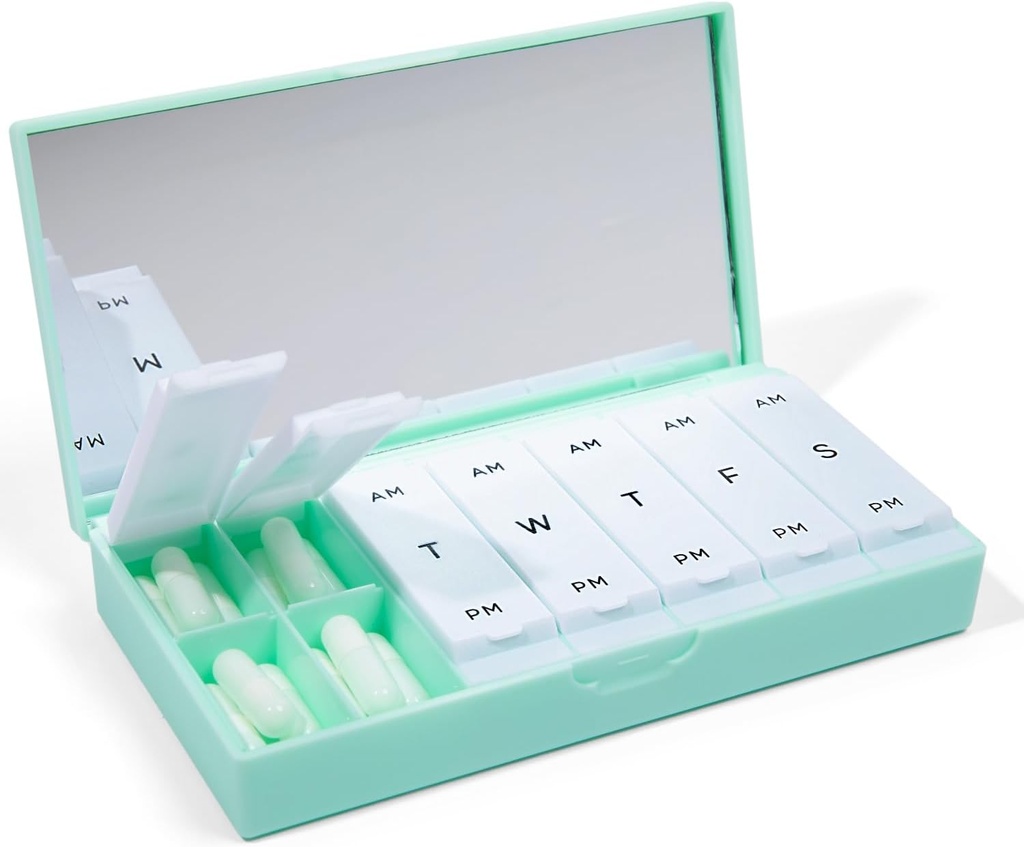 PORT X POLISH Designer Weekly Pill Box Organizator (AM / PM 2X Daily, Mint) 124; Compact, Stylowe 7- Day Suplement witaminy Case Amend124; Cute Portable Mini Travel Medicine Carrier 124; BPA- Free Pillbox Caddy