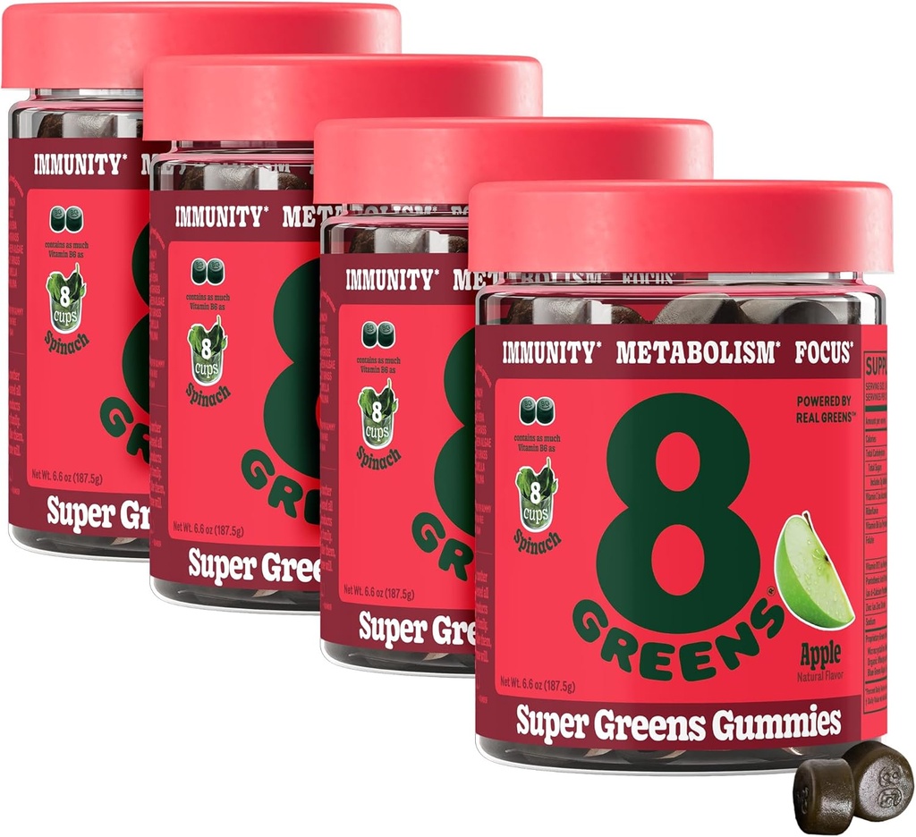 8Zieloni Supergreens Gummies Between 124; Super Zieloni w proszku Superfood Gummy do metabolizmu, Immunitet & Focus, Digestive Health Enzymes, Organic: Chlorella, Spirulina, Aloe Vera, Apple Flavor, 200 Count