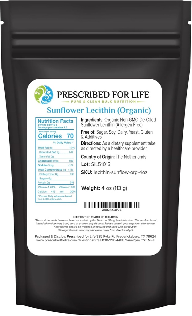 Przepisany dla życia Organic Lecytyna słonecznikowa Proszek, Naturalny, Gluten wolny, Wegan, Nie GMO, Soy Free, Kosher, Suplement Lecytyny bogaty w Choliny i Esencjalne Kwasy Tłuszczowe (4oz / 113g)