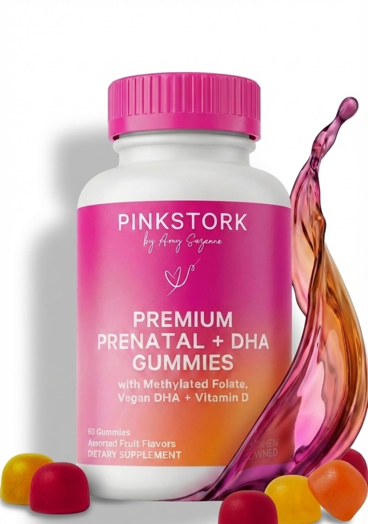 Pink Stork Premium Prenatal Gumy Witaminy z DHA, Folate i Witamina D - Multivitamina i Mieszanka odżywcza dla rurki neuralnej i rozwoju mózgu płodu - Ciąża Must Haves - 60 Gummies wegańskie