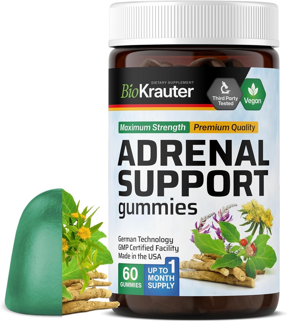 BIO KRAUTER Gummies wsparcia nadnerczy - 60 Chews - Rhodiola & Ashwagandha Gummies z witamin C, B6, B12 - Vegan Mood Supplement Supplement