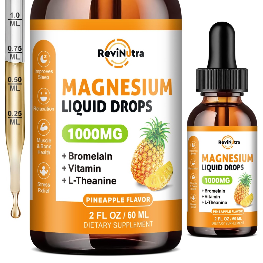 Płynne krople glicynianu magnezu, 1000mg płynnego kompleksu magnezu suplement do snu, Nerwy, Energia, Mięśnie, Kości, Spokój i Spożywanie, Wysoka absorpcja, 2 Fl Oz, Bezcukrowy aromat ananasowy