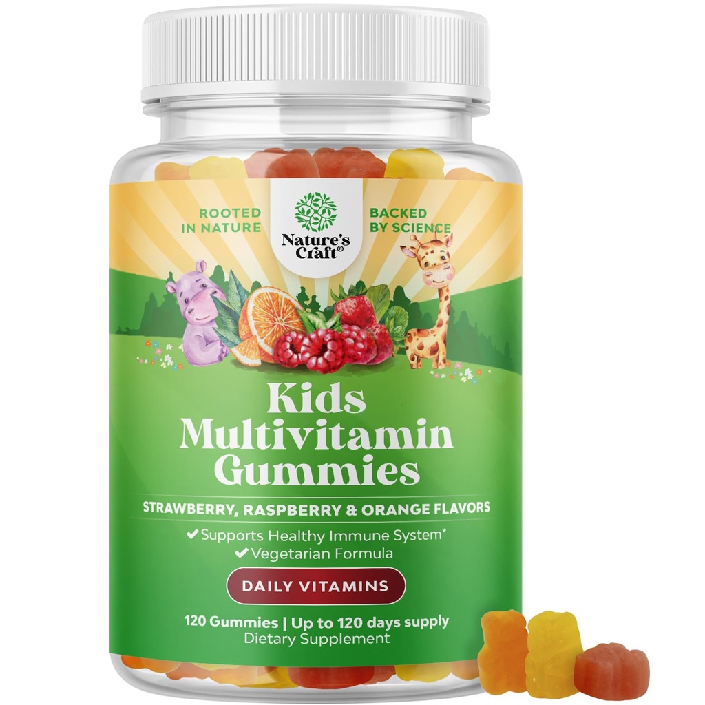 Nature Craft Plant Based Kids Multivitamin Gummies - Multivitamin for Kids Immunity Support Gummies with Vitamin A C D3 E B and Zinc Gelatin and gluten Free Non-GMO Vitamin Gummy Formuła 120ct