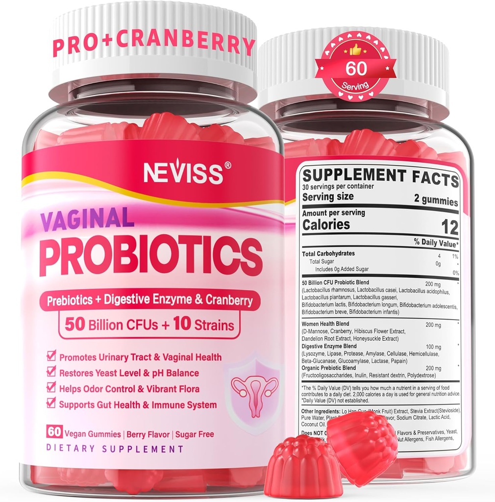 Gumie probiotyczne pochwy dla kobiet równowagi PH, Kontrola zapachu z prebiotyki, Żurawiny, D- Mannoza, Promotes Femine Zdrowa Flora pochwy, Trakt moczowy, Yeast, Wsparcie pokarmowe, Sugar Free, 120Cts
