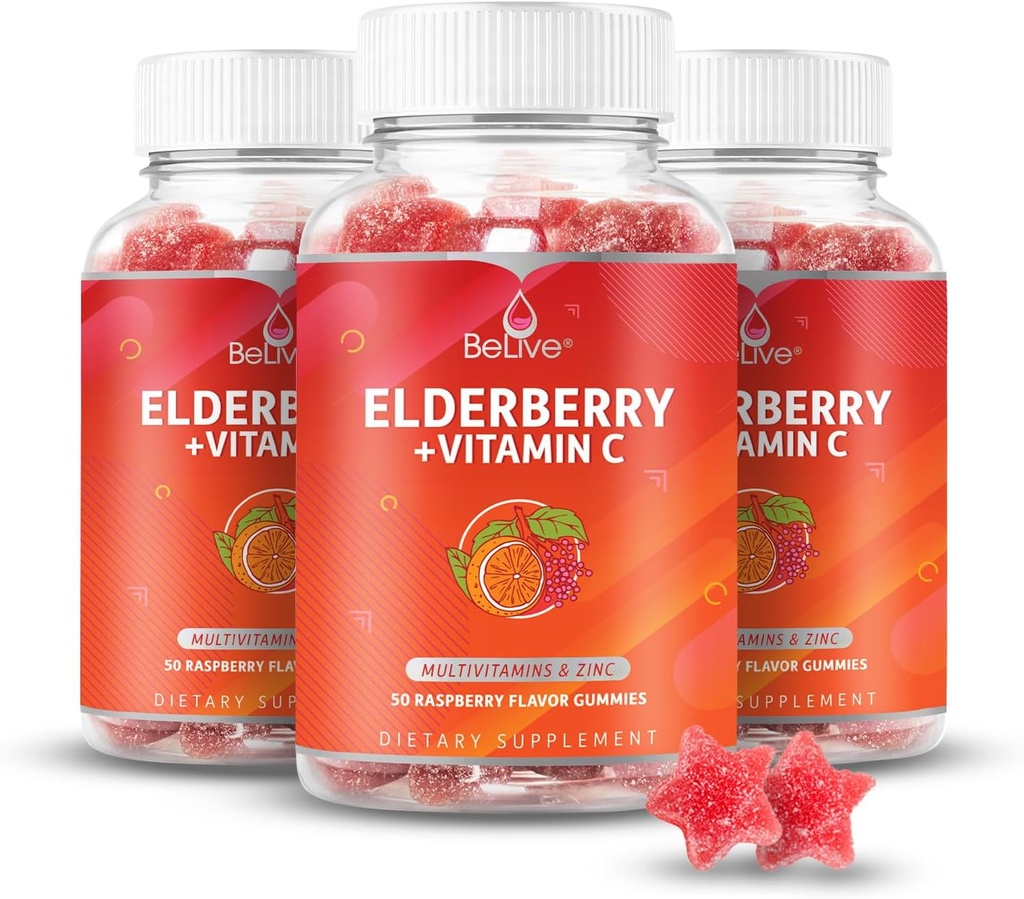 BeLive Gummies Elderberry z cynku i witaminy C - Suplement wsparcia immunologicznego z witaminą D, A, E, B12 - Gummies dla zdrowych kości i zębów, Wegan, Keto & Non-GMO - Malina Flavor 124; 3- Pack