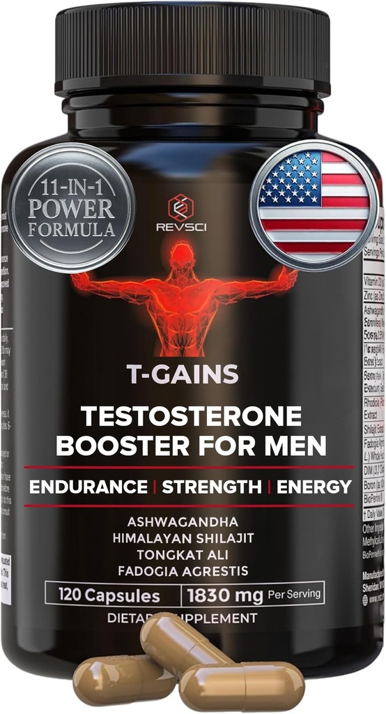 Anaboliczne Booster & Muscle Builder, T- GAINS Testosteron Suplement dla mężczyzn, TRT Test Booster & Estrogen Blocker, HGH Suplementy dla mężczyzn - Tongkat Ali Fadogia Agrestis dla wzrostu mięśni, 120 Czapki