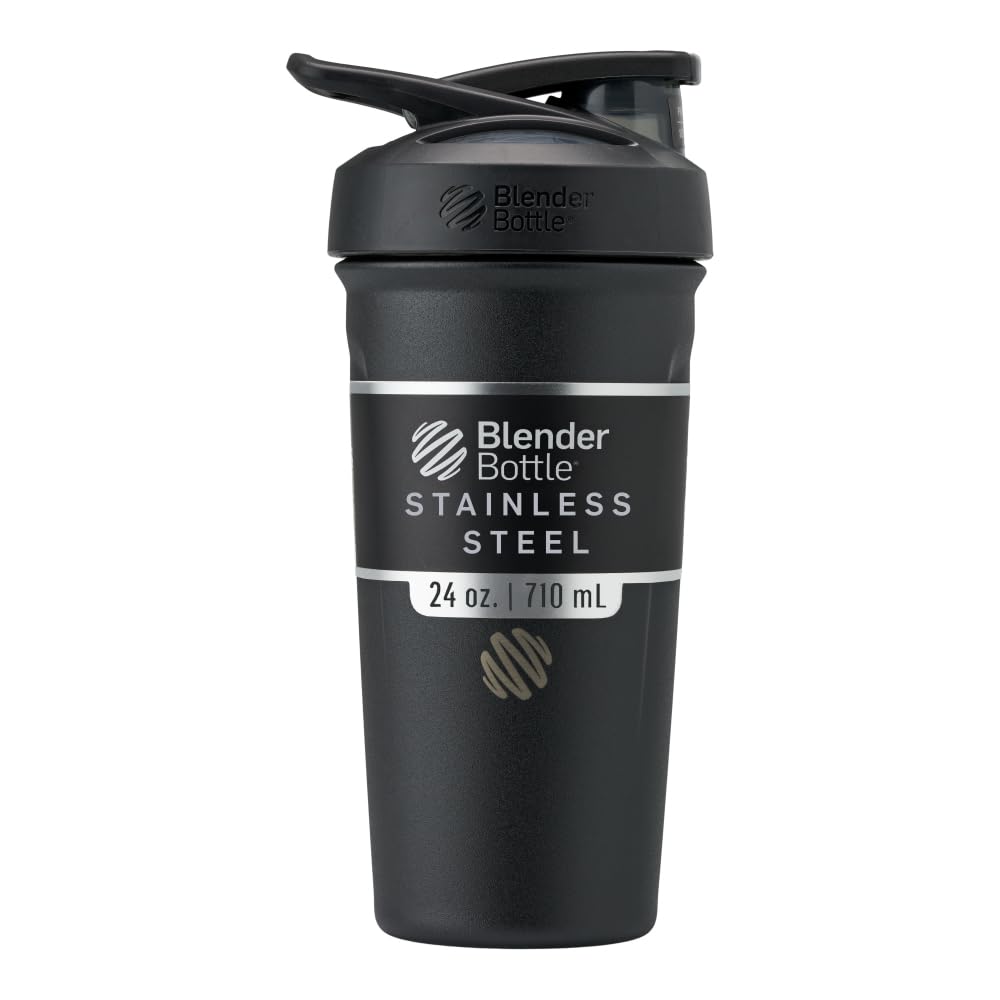 BlenderBottle Strada Shaker Cup Izolowany Stal nierdzewna Butelka wodna z drucianą whisky, 24- unce, czarny