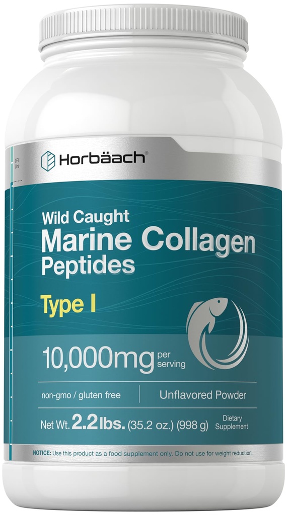 Horbäach Marine Collagen Peptydes Powder 2.2 lb Sign 124; for Skin, Hair, and Nails Sign 124; Type I Hydrolizated Fish Collagen Sign 124; Unflavored 124; Keto, Paleo, Non-GMO, Gluten Free Supplement
